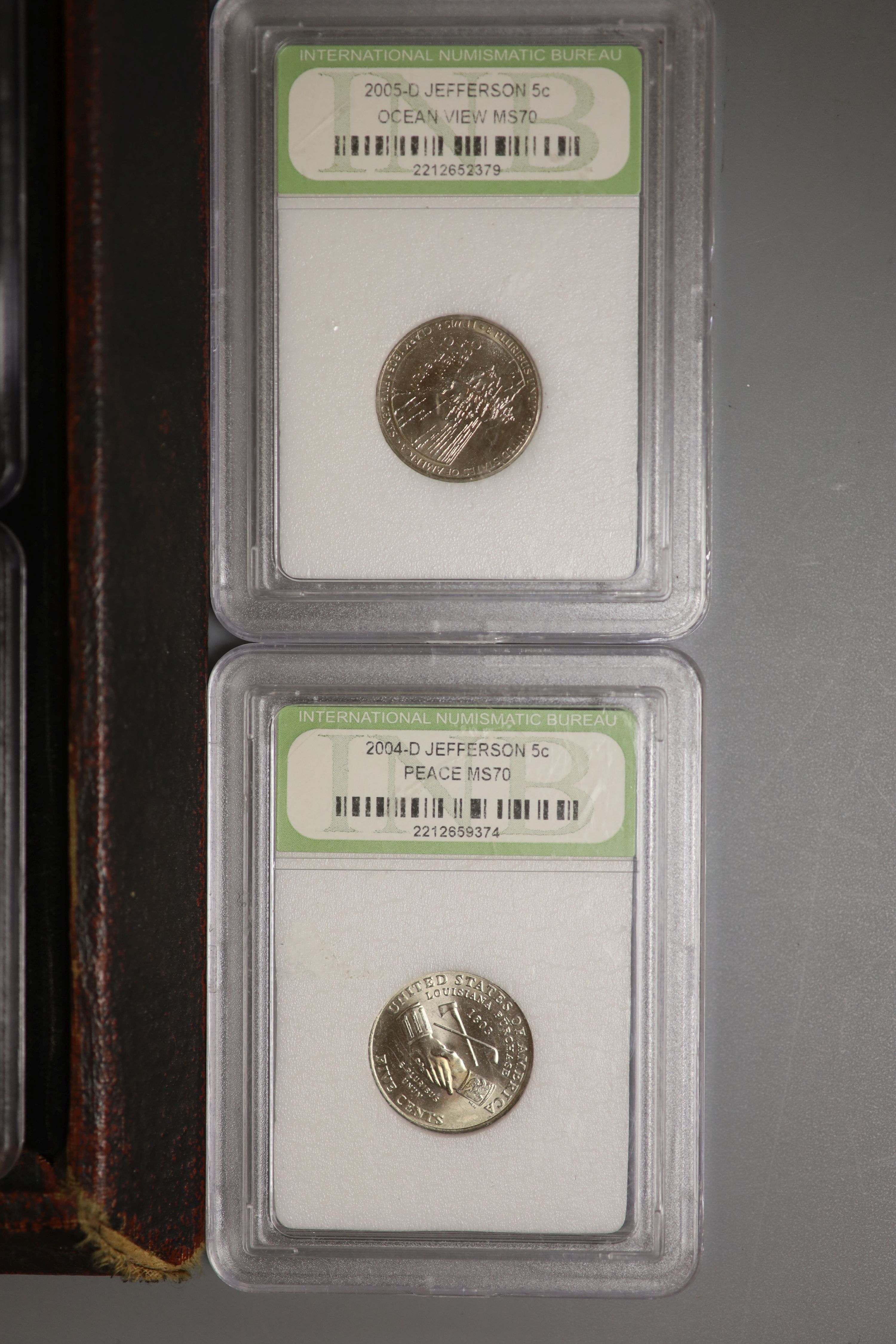 A group of US proof or uncirculated coins in capsules -, Four Silver Eagle $1, 2011 2013 2012 x 2, four 2007S Proof presidential dollars, four 5 cents 2004-6, four 2011s presidential dollars